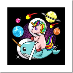 Cool Retro Unicorn Astronaut Riding Narwhal In Space Posters and Art